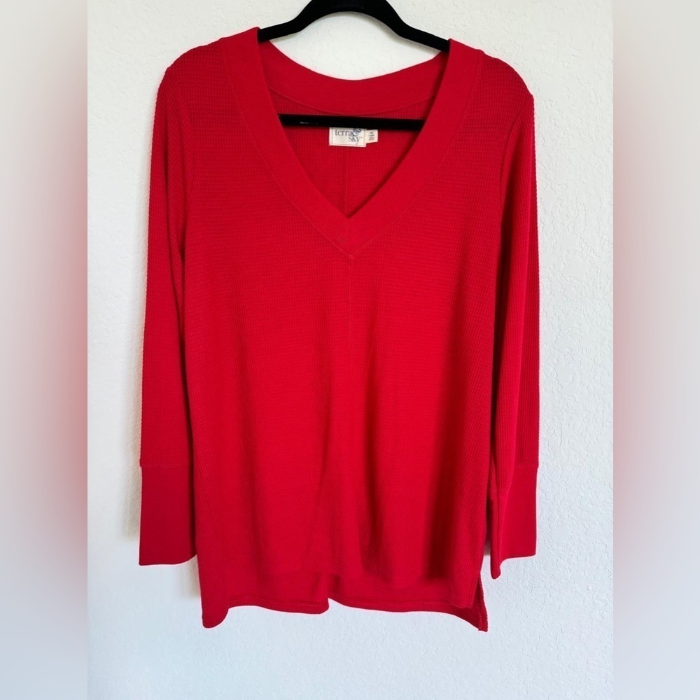 NWT - Terra & Sky Long Sleeve Brilliant Red Waffle Tee Shirt (0X)